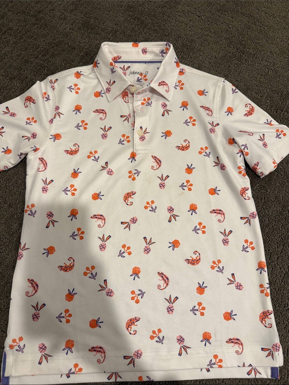 johnnie-O White Polo with Orange & Purple Floral and chameleon Print